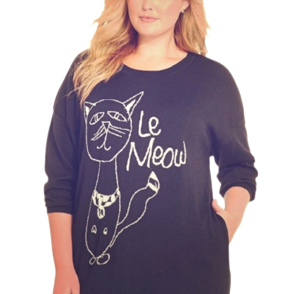 Seven7 Melissa‎ McCarthy Women's Dark Gray Handdrawn Cat Le Meow Knit Top 2XL